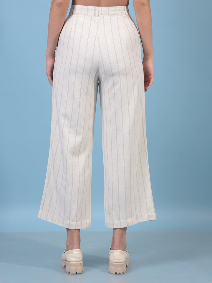 Women's Beige Vertical Stripes Linen Trousers-Women Trousers-Crimsoune Club