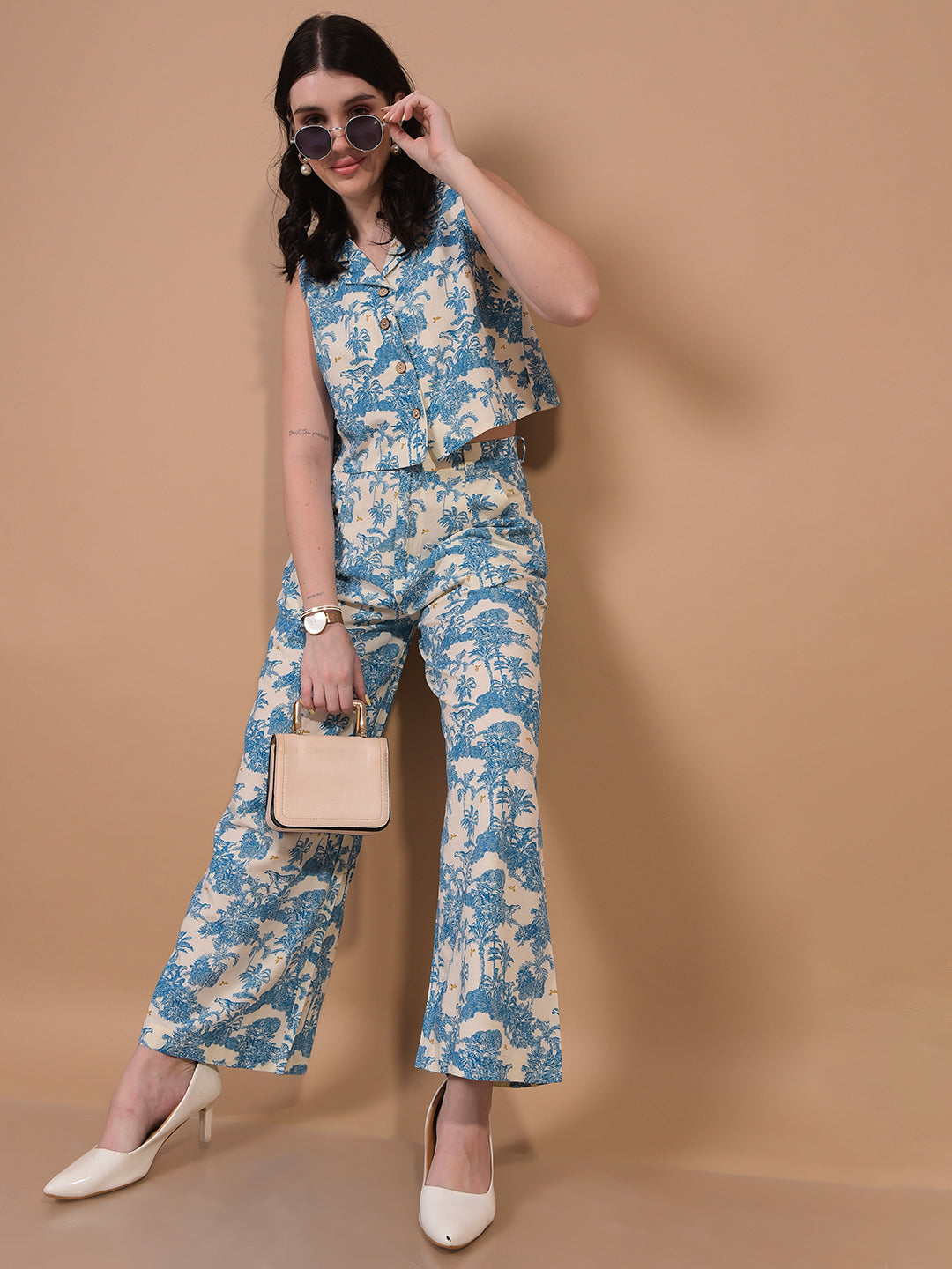 Women's Blue Floral Print Linen Sleeveless Cropped Waist-Coat-Women Waist-Coats-Crimsoune Club
