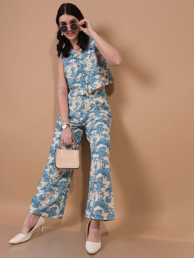 Women's Blue Floral Print Linen Sleeveless Cropped Waist-Coat-Women Waist-Coats-Crimsoune Club