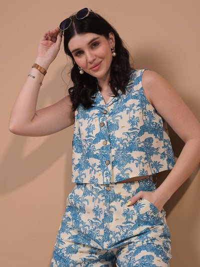 Women's Blue Floral Print Linen Sleeveless Cropped Waist-Coat-Women Waist-Coats-Crimsoune Club