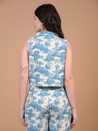 Women's Blue Floral Print Linen Sleeveless Cropped Waist-Coat-Women Waist-Coats-Crimsoune Club