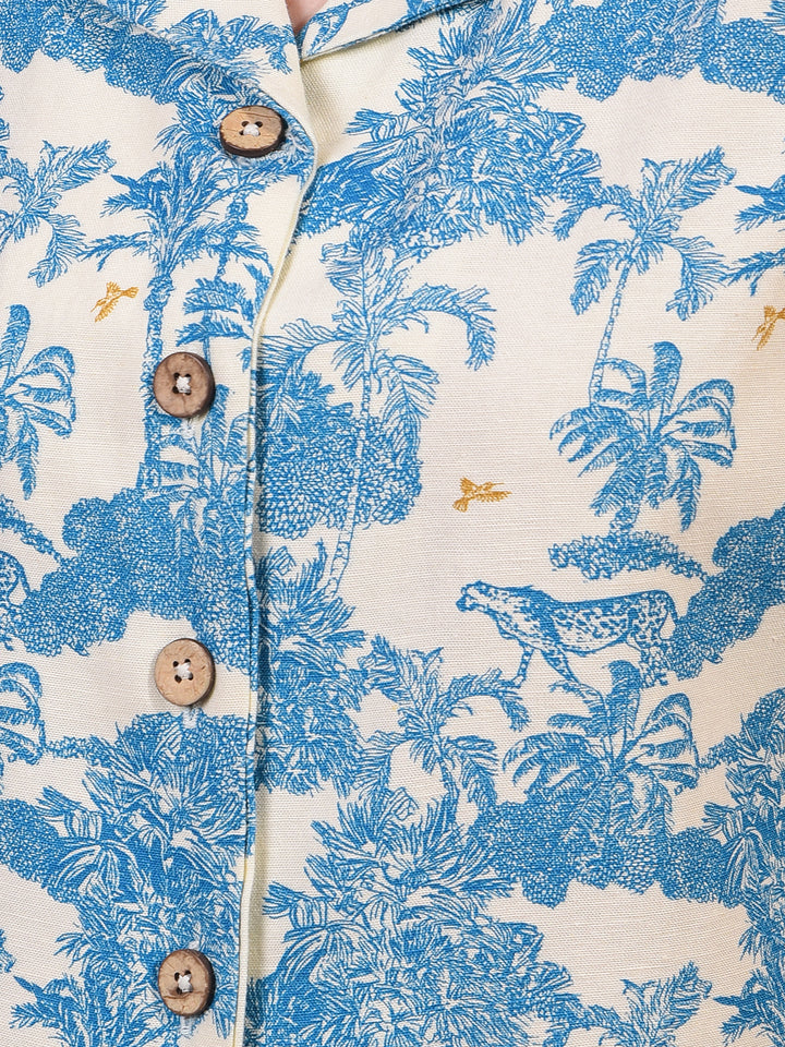 Women's Blue Floral Print Linen Sleeveless Cropped Waist-Coat-Women Waist-Coats-Crimsoune Club