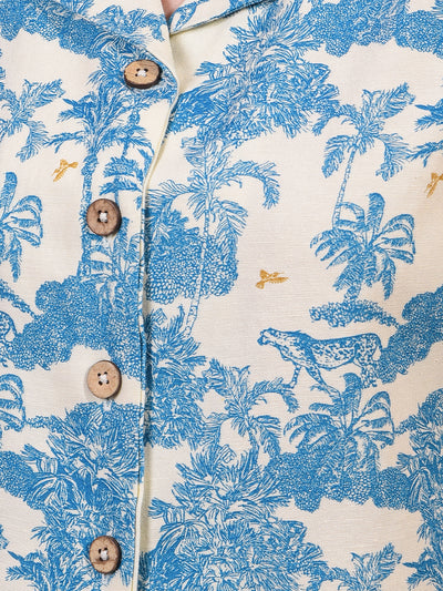 Women's Blue Floral Print Linen Sleeveless Cropped Waist-Coat-Women Waist-Coats-Crimsoune Club