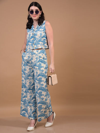 Women's Blue Floral Print Linen Parallel Trousers-Women Trousers-Crimsoune Club