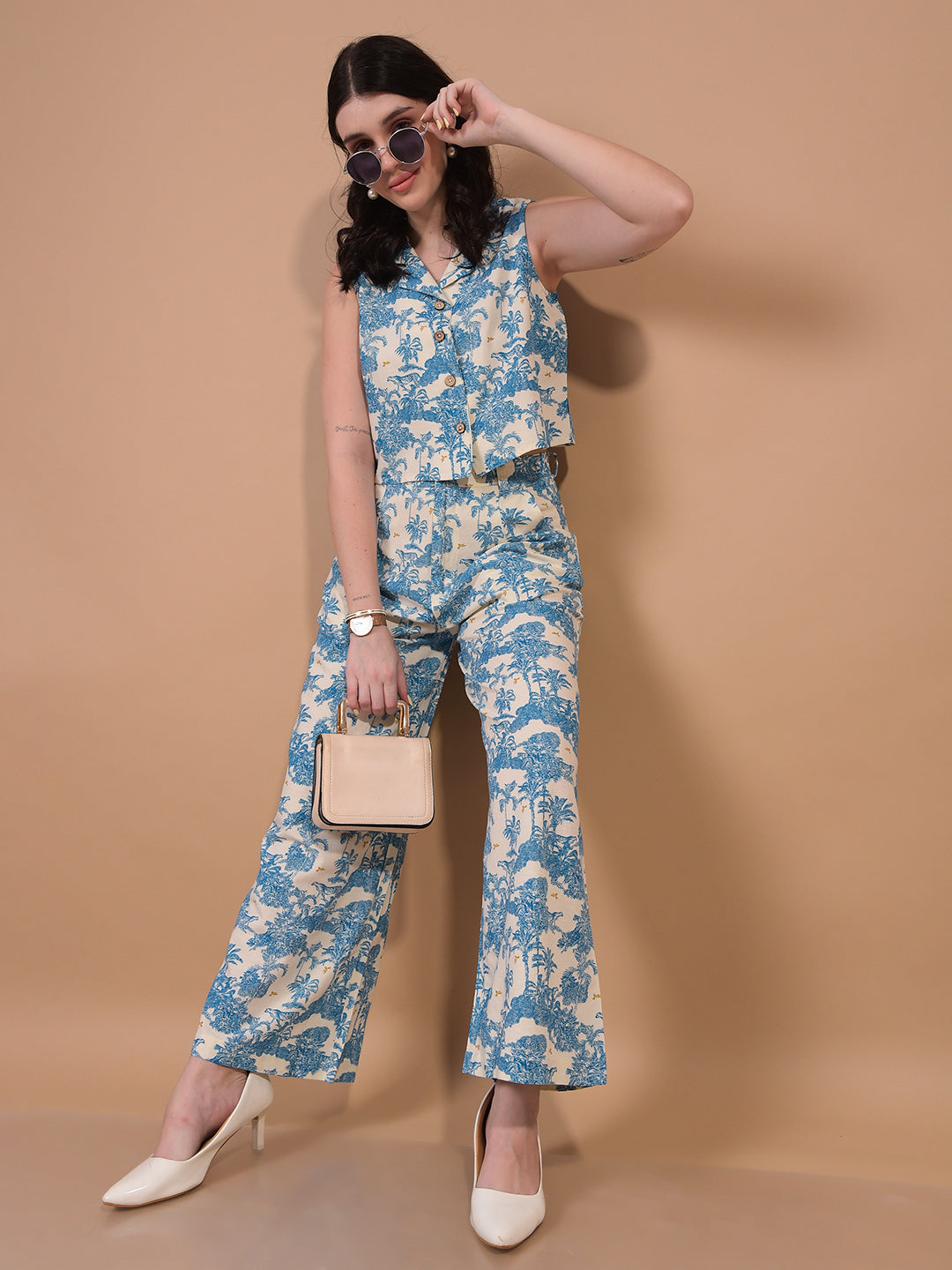 Women's Blue Floral Print Linen Parallel Trousers-Women Trousers-Crimsoune Club