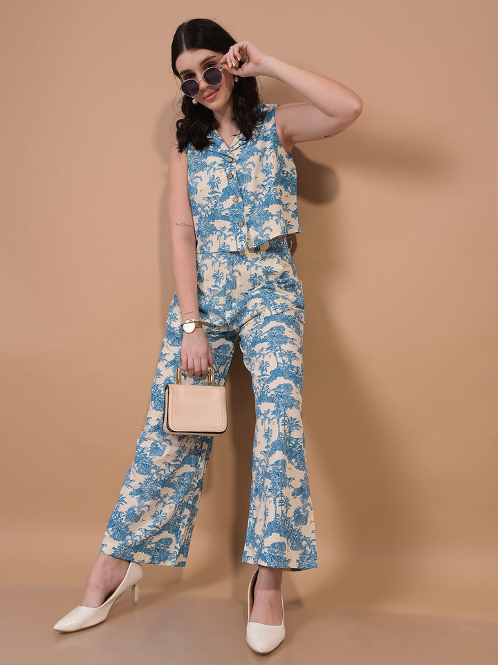 Women's Blue Floral Print Linen Parallel Trousers-Women Trousers-Crimsoune Club