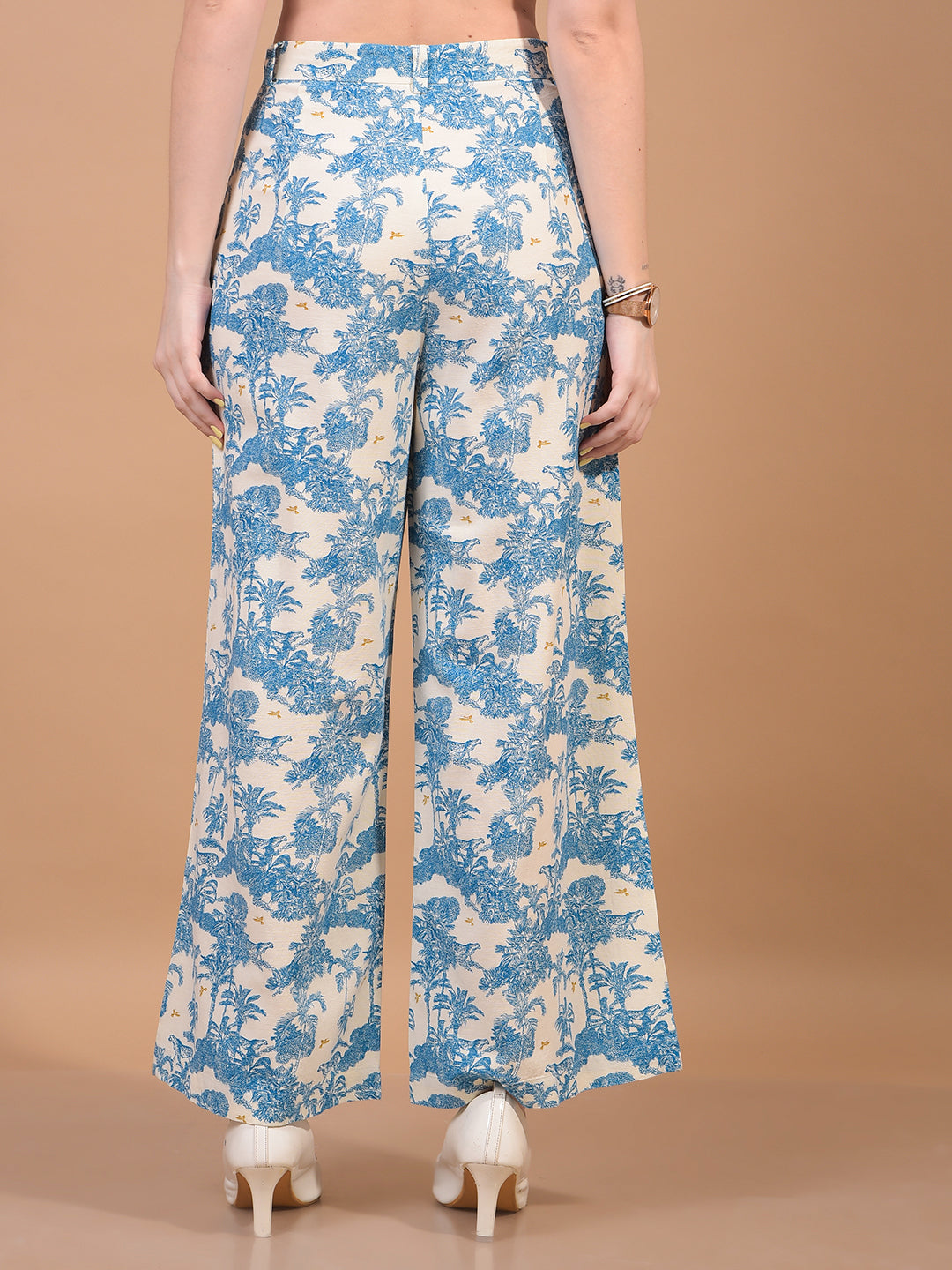 Women's Blue Floral Print Linen Parallel Trousers-Women Trousers-Crimsoune Club