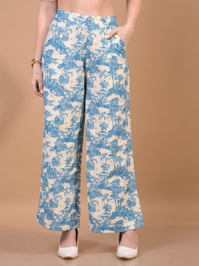 Women's Blue Floral Print Linen Parallel Trousers-Women Trousers-Crimsoune Club