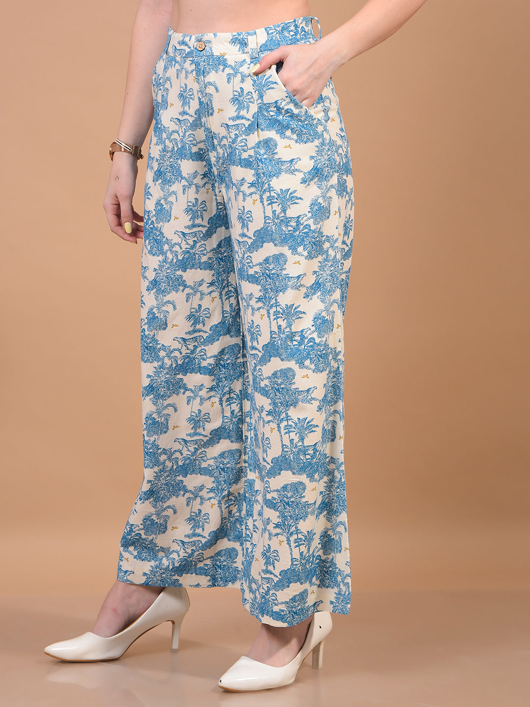 Women's Blue Floral Print Linen Parallel Trousers-Women Trousers-Crimsoune Club
