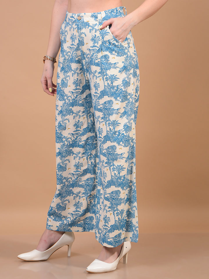 Women's Blue Floral Print Linen Parallel Trousers-Women Trousers-Crimsoune Club