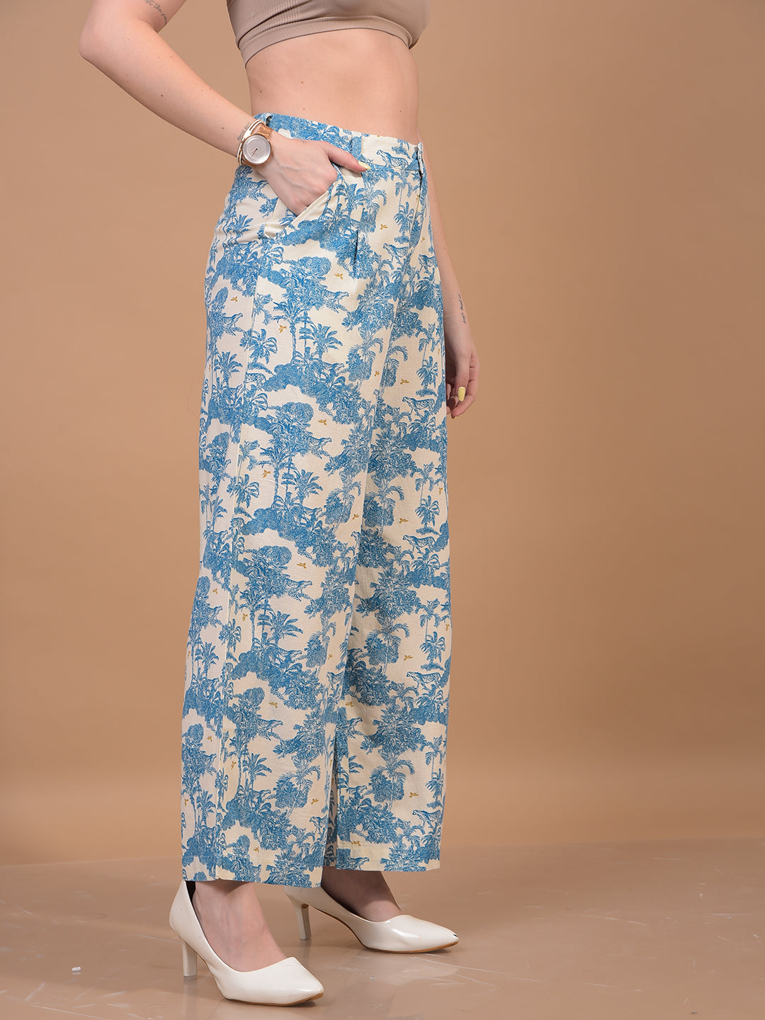 Women's Blue Floral Print Linen Parallel Trousers-Women Trousers-Crimsoune Club