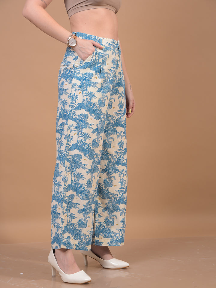 Women's Blue Floral Print Linen Parallel Trousers-Women Trousers-Crimsoune Club