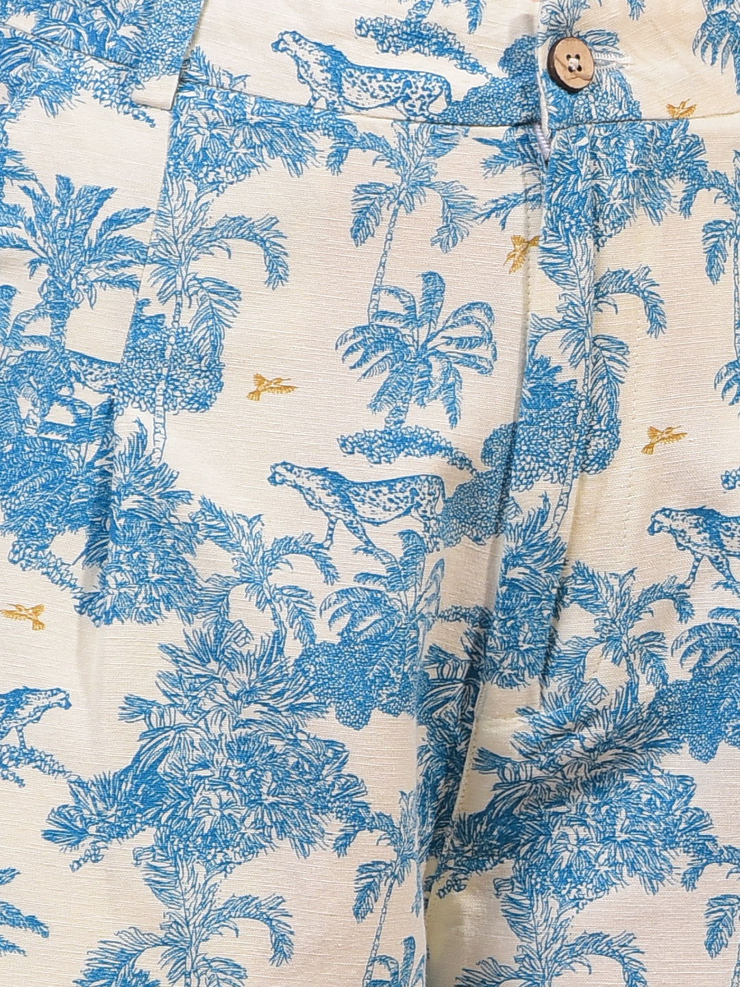Women's Blue Floral Print Linen Parallel Trousers-Women Trousers-Crimsoune Club