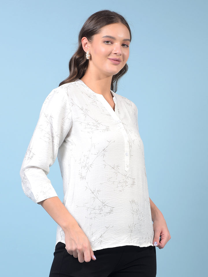 Women's White Floral Print V-Neck Top-Women Tops-Crimsoune Club