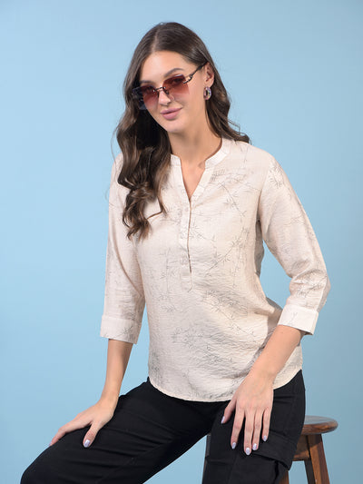 Women's Beige Floral Print V-Neck Top-Women Tops-Crimsoune Club