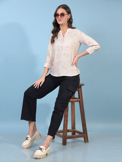 Women's Beige Floral Print V-Neck Top-Women Tops-Crimsoune Club
