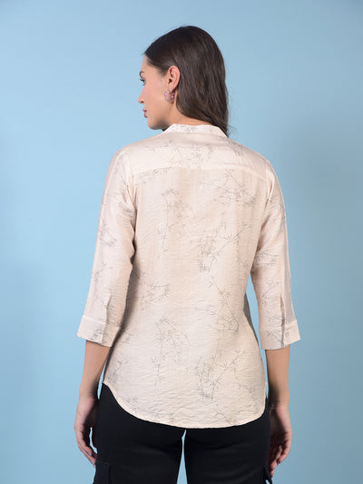 Women's Beige Floral Print V-Neck Top-Women Tops-Crimsoune Club