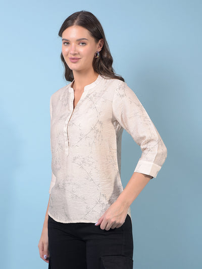Women's Beige Floral Print V-Neck Top-Women Tops-Crimsoune Club