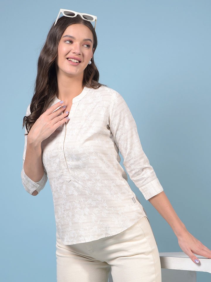 Women's Beige Floral Print V-Neck Linen Top-Women Tops-Crimsoune Club