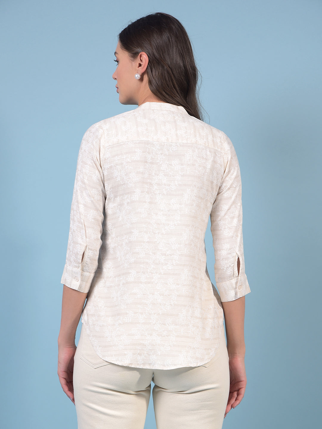 Women's Beige Floral Print V-Neck Linen Top-Women Tops-Crimsoune Club