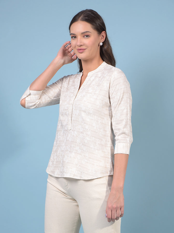 Women's Beige Floral Print V-Neck Linen Top-Women Tops-Crimsoune Club