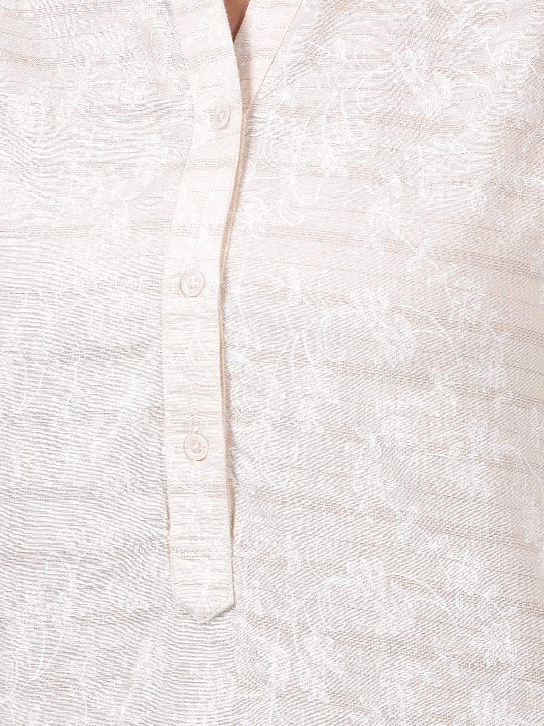 Women's Beige Floral Print V-Neck Linen Top-Women Tops-Crimsoune Club