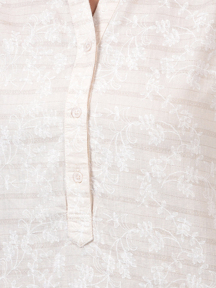 Women's Beige Floral Print V-Neck Linen Top-Women Tops-Crimsoune Club