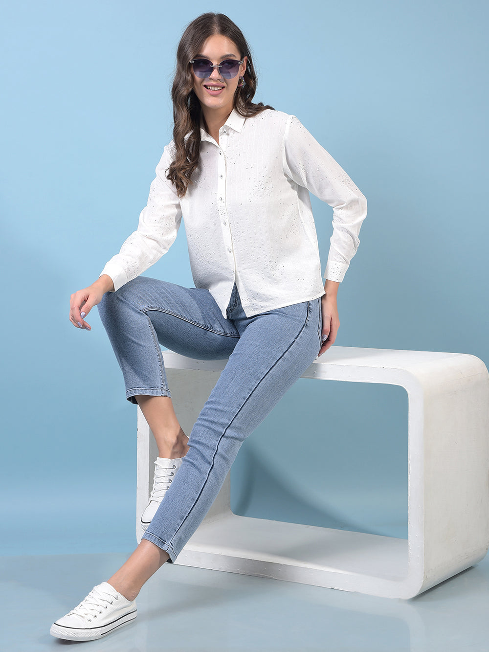 Women's White Embellished Shirt-Women Shirts-Crimsoune Club