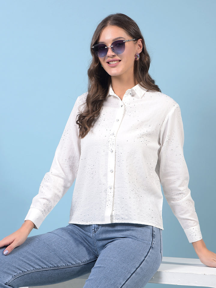 Women's White Embellished Shirt-Women Shirts-Crimsoune Club