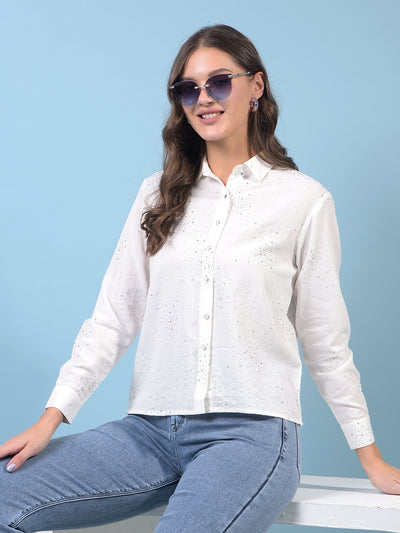 Women's White Embellished Shirt-Women Shirts-Crimsoune Club
