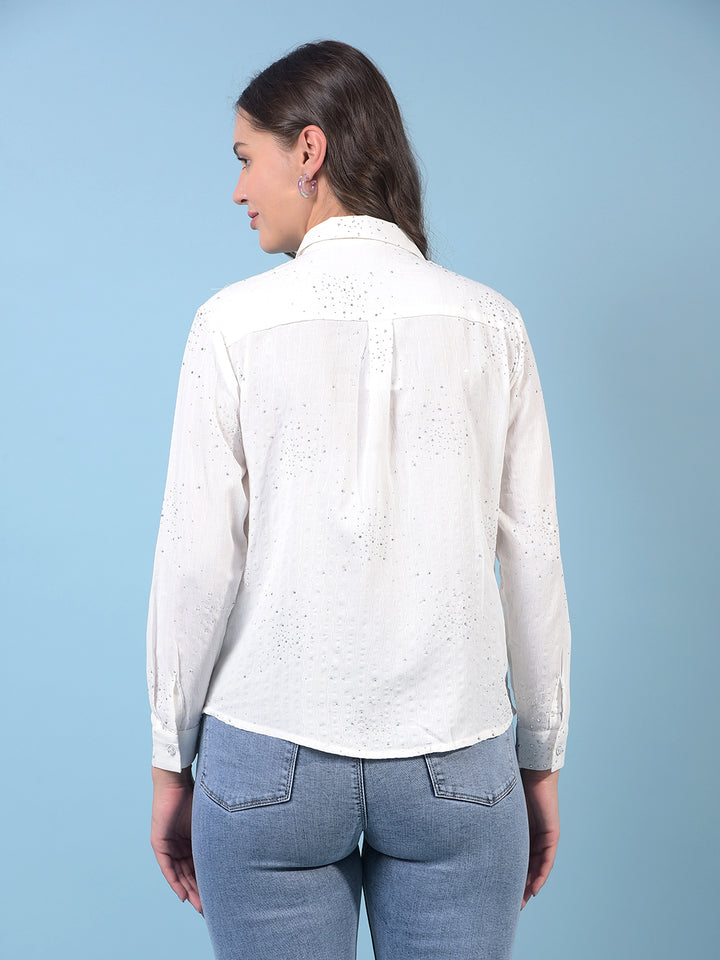 Women's White Embellished Shirt-Women Shirts-Crimsoune Club