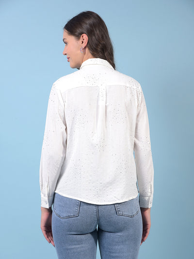 Women's White Embellished Shirt-Women Shirts-Crimsoune Club