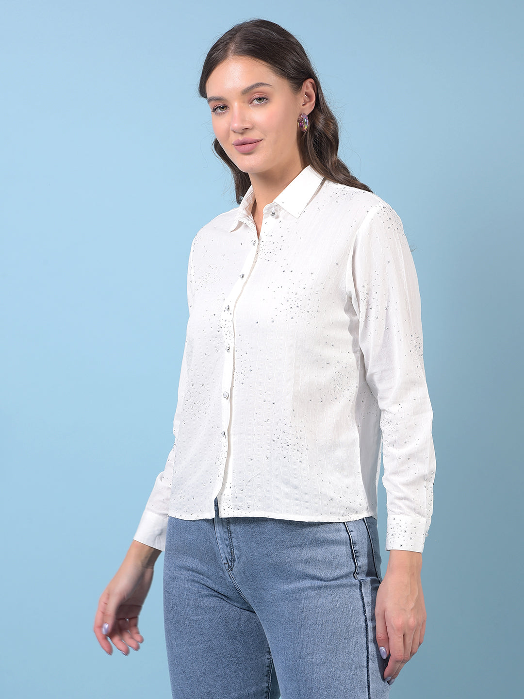 Women's White Embellished Shirt-Women Shirts-Crimsoune Club