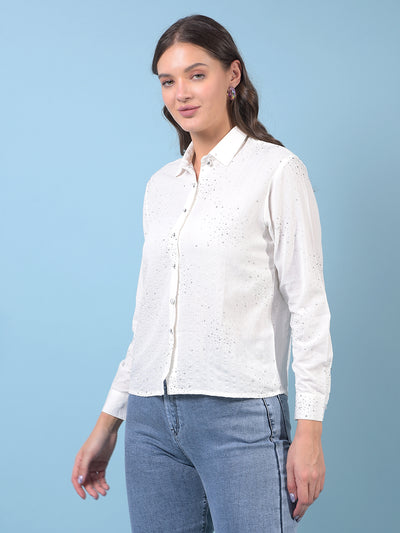Women's White Embellished Shirt-Women Shirts-Crimsoune Club