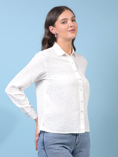 Women's White Embellished Shirt-Women Shirts-Crimsoune Club