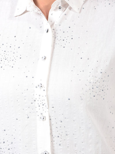 Women's White Embellished Shirt-Women Shirts-Crimsoune Club