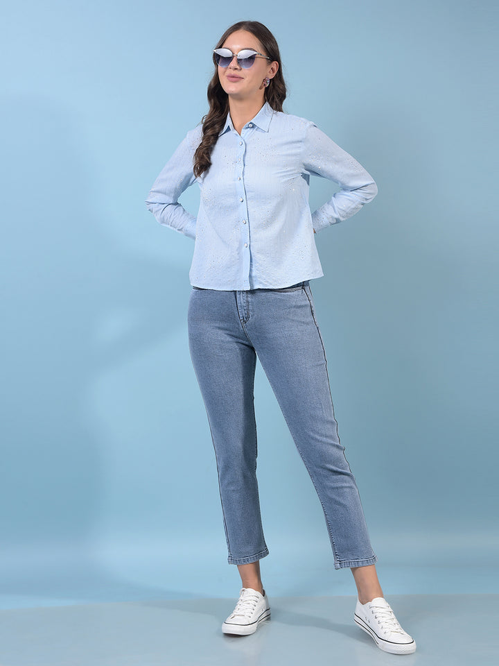 Women's Blue Embellished Shirt-Women Shirts-Crimsoune Club