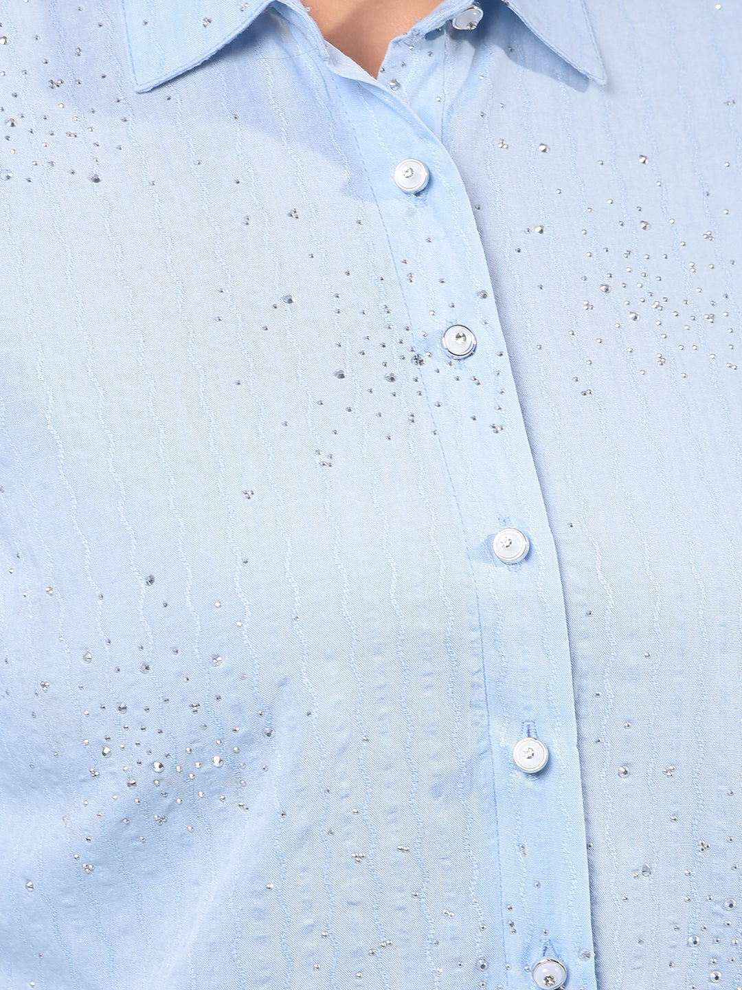 Women's Blue Embellished Shirt-Women Shirts-Crimsoune Club