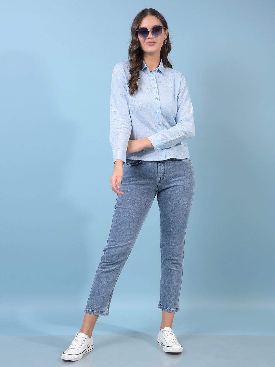 Women's Blue Embellished Shirt-Women Shirts-Crimsoune Club
