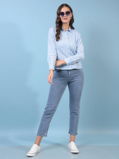 Women's Blue Embellished Shirt-Women Shirts-Crimsoune Club