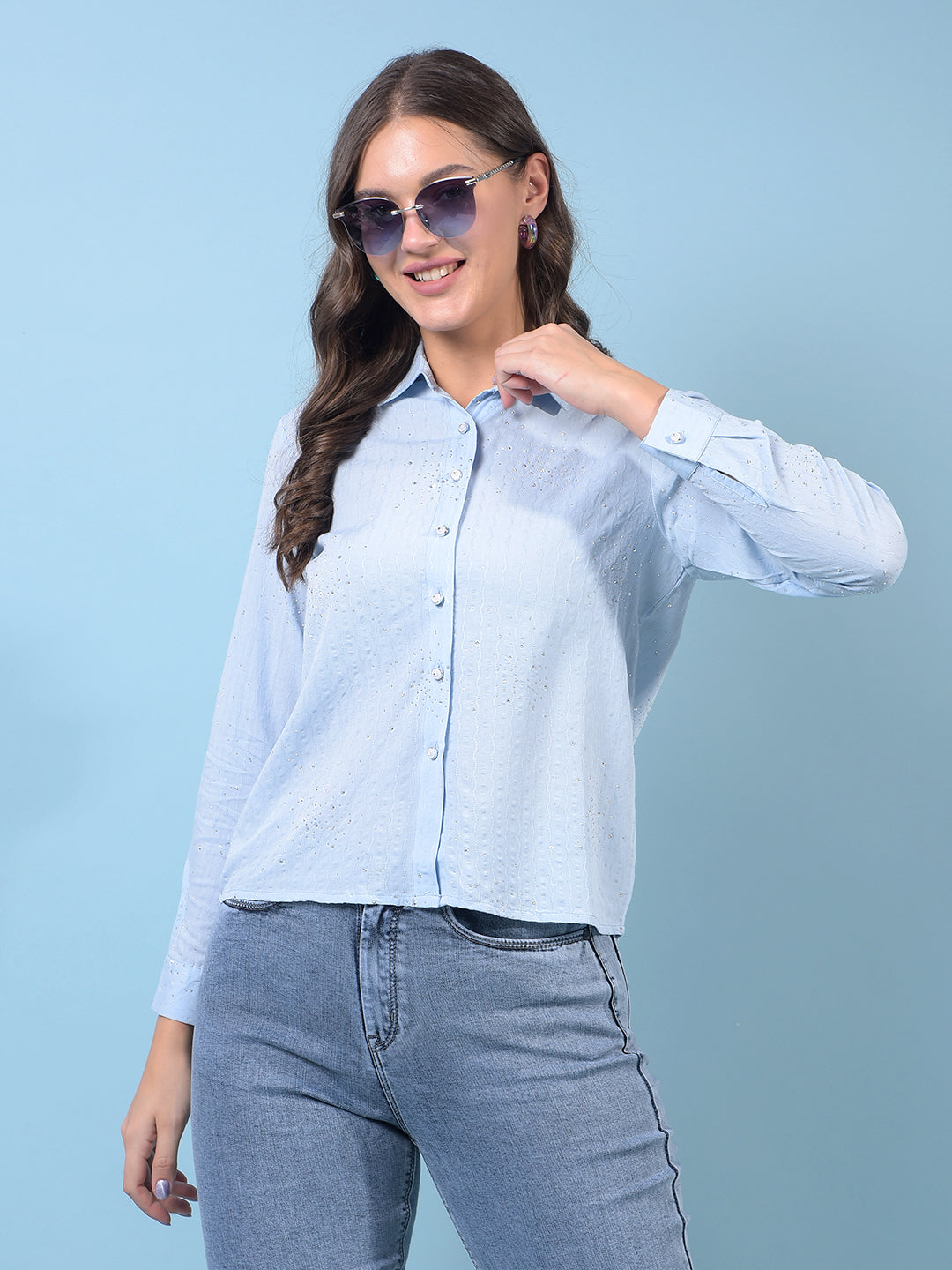 Women's Blue Embellished Shirt-Women Shirts-Crimsoune Club