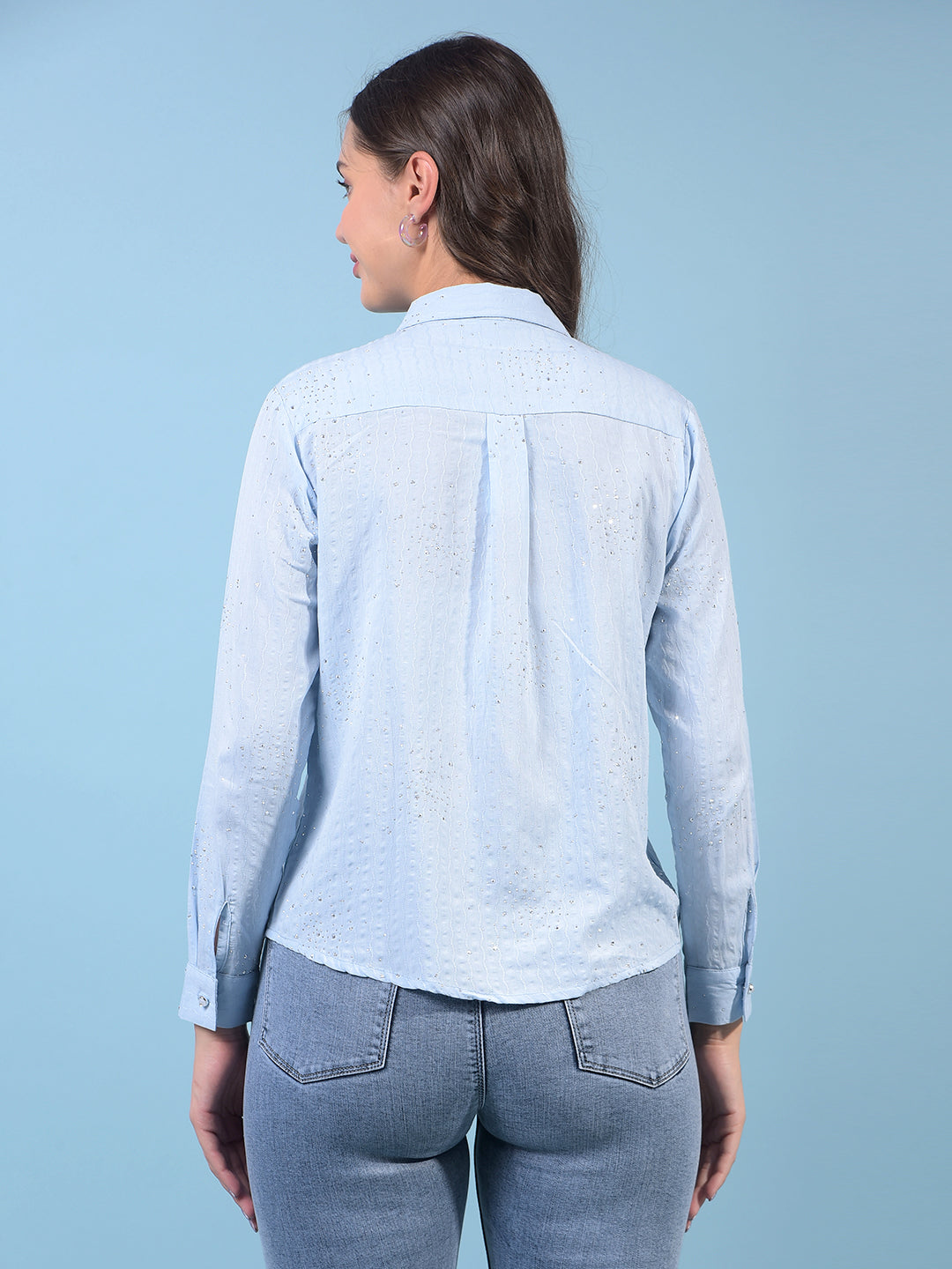 Women's Blue Embellished Shirt-Women Shirts-Crimsoune Club