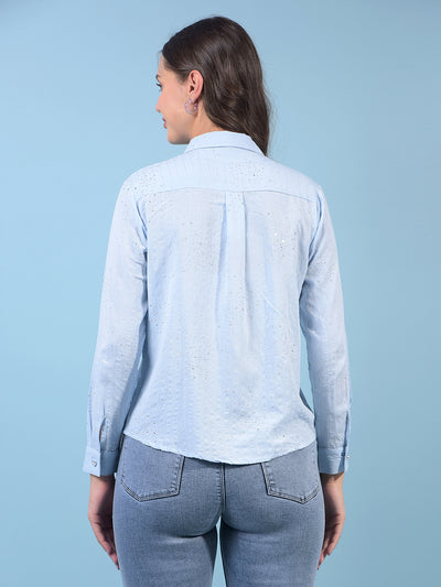 Women's Blue Embellished Shirt-Women Shirts-Crimsoune Club