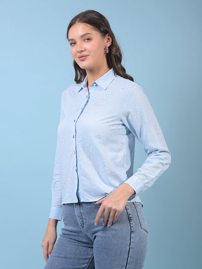 Women's Blue Embellished Shirt-Women Shirts-Crimsoune Club