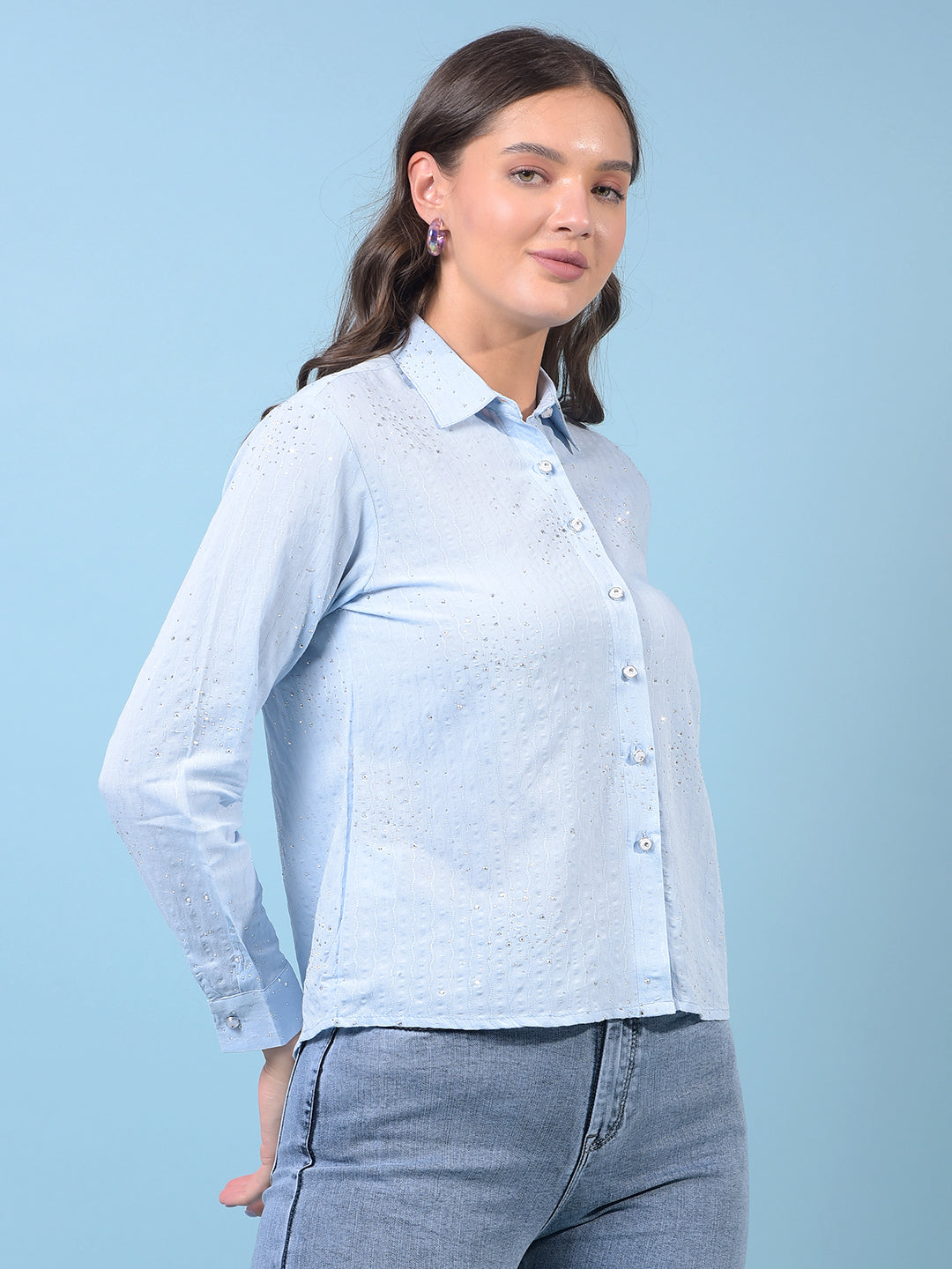 Women's Blue Embellished Shirt-Women Shirts-Crimsoune Club