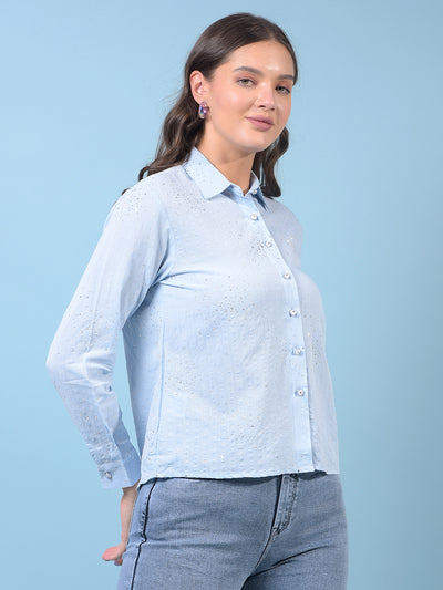 Women's Blue Embellished Shirt-Women Shirts-Crimsoune Club