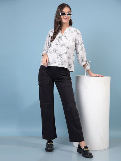 Women's White Floral Print V-Neck Top-Women Tops-Crimsoune Club