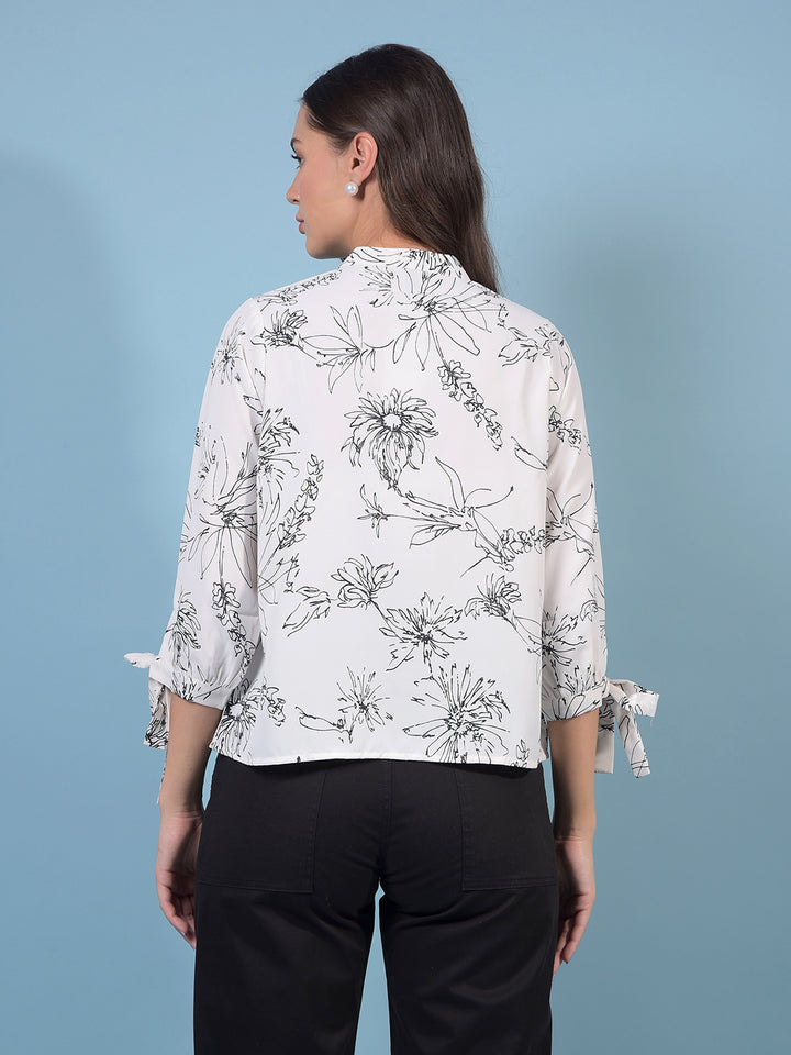 Women's White Floral Print V-Neck Top-Women Tops-Crimsoune Club