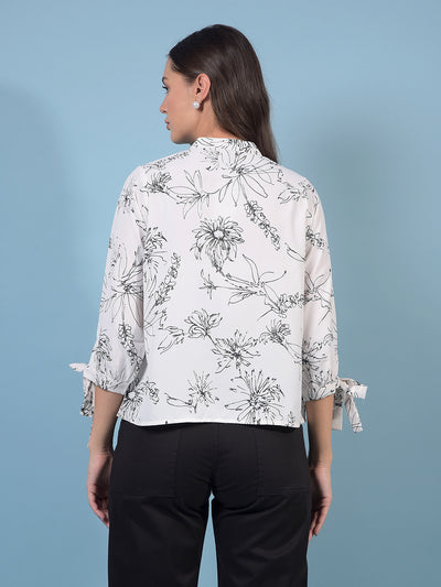 Women's White Floral Print V-Neck Top-Women Tops-Crimsoune Club