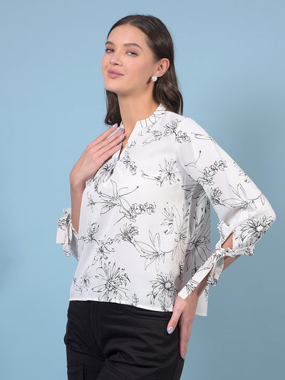 Women's White Floral Print V-Neck Top-Women Tops-Crimsoune Club